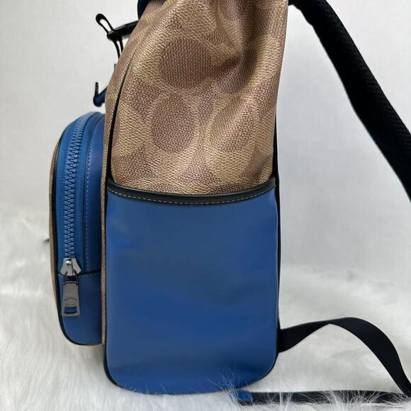 Coach Racer Backpack In Blocked Signature Canvas & Leather Tan/Blue NWT CY775 - Picture 10 of 13
